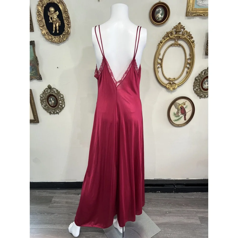 Vintage Berry Red Satin Lace Trim lingerie Slit Maxi Slip Dress